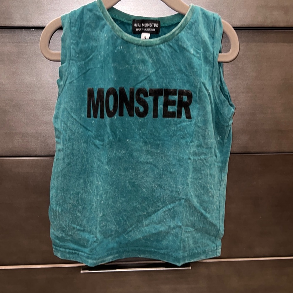Distressed teal muscle tank with “Monster” in felt